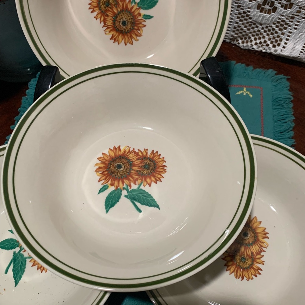 ✨⚡️💥Gibson Sunflower Beige Off White Green Stripe Stoneware Bowl Decorative